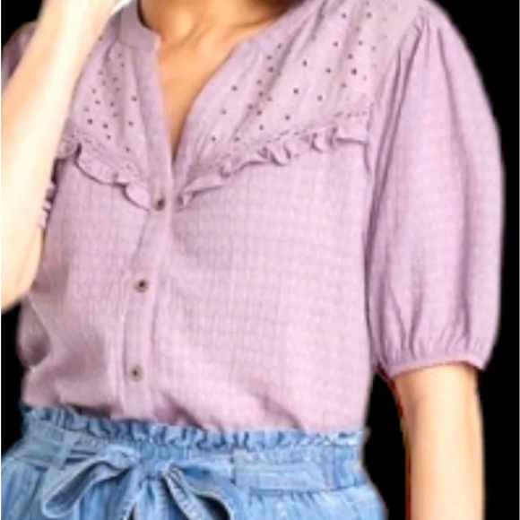 KNOX ROSE BALLOON SHORT SLEEVE TEXTURED COTTON TOP WITH DELICATE RUFFLE … - Picture 4 of 7